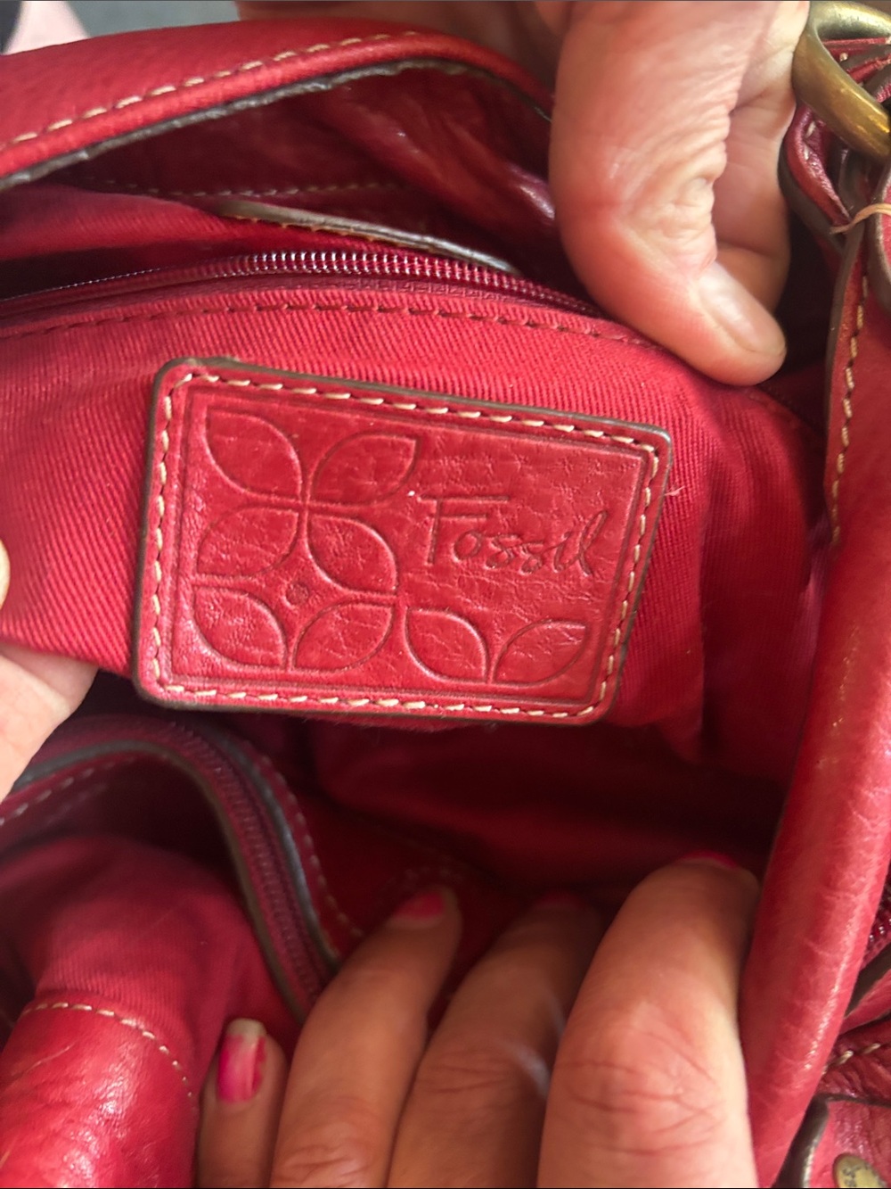 Fossil Red Leather Shoulder Bag with Embossed Logo